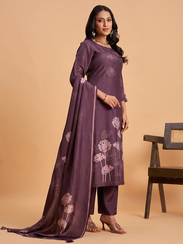 Women's Purple Blend Embellished Kurta With Trouser And Dupatta