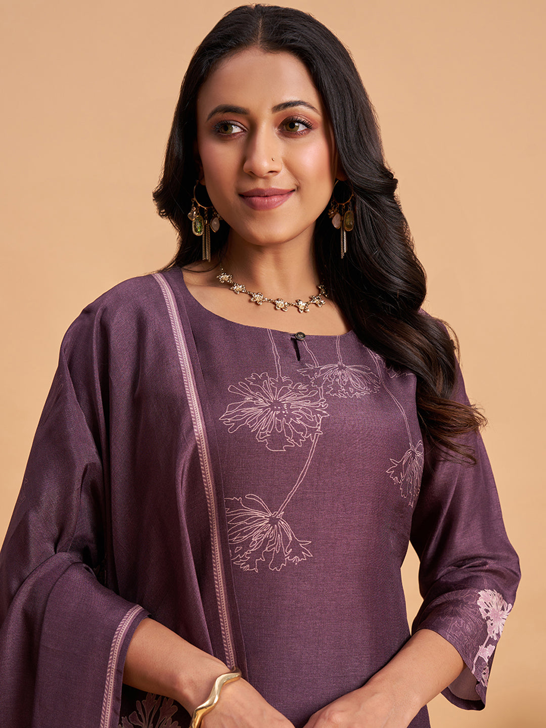 Women's Purple Blend Embellished Kurta With Trouser And Dupatta