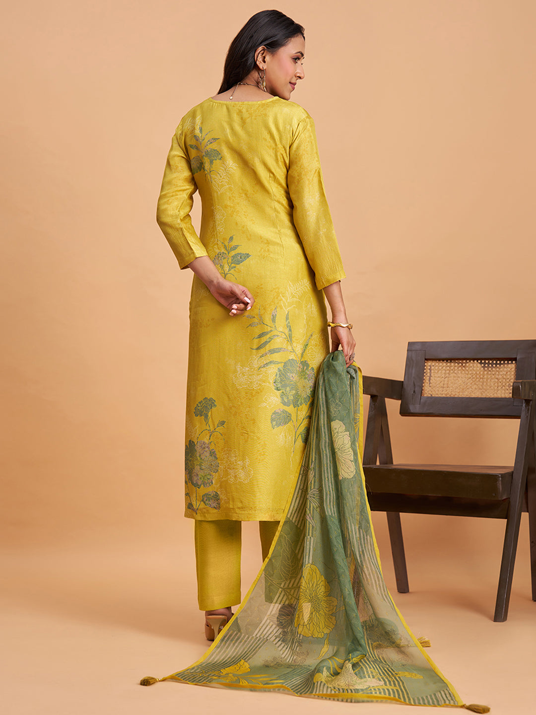 Women's Yellow Silk Blend Embellished Kurta With Trouser And Dupatta
