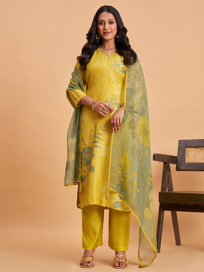 Women's Yellow Silk Blend Embellished Kurta With Trouser And Dupatta