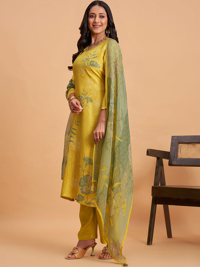 Women's Yellow Silk Blend Embellished Kurta With Trouser And Dupatta