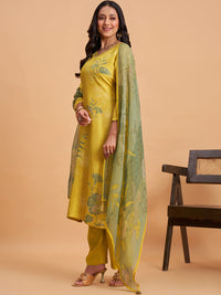 Women's Yellow Silk Blend Embellished Kurta With Trouser And Dupatta
