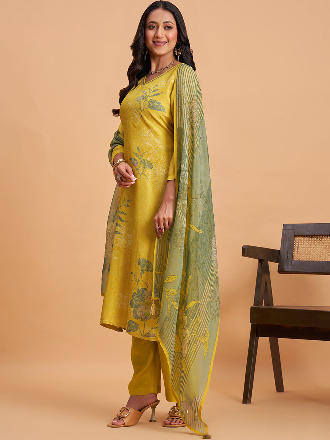 Women's Yellow Silk Blend Embellished Kurta With Trouser And Dupatta