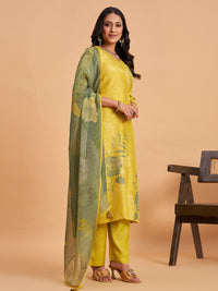 Women's Yellow Silk Blend Embellished Kurta With Trouser And Dupatta