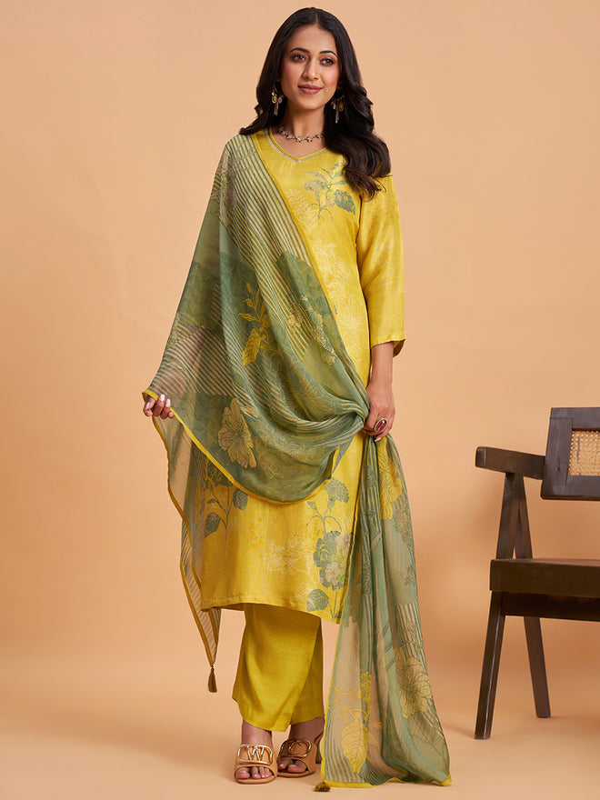 Women's Yellow Silk Blend Embellished Kurta With Trouser And Dupatta