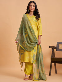 Women's Yellow Silk Blend Embellished Kurta With Trouser And Dupatta