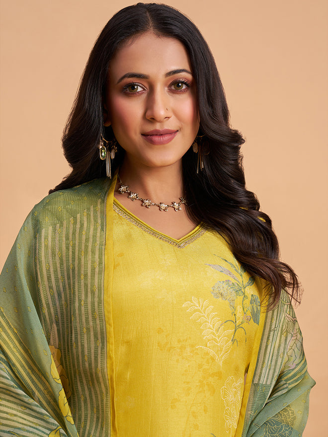 Women's Yellow Silk Blend Embellished Kurta With Trouser And Dupatta