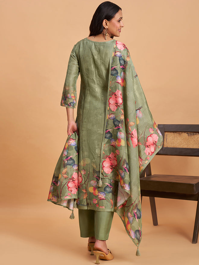 Women's Green Silk Blend Embellished Kurta With Trouser And Dupatta