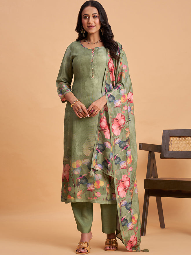Women's Green Silk Blend Embellished Kurta With Trouser And Dupatta