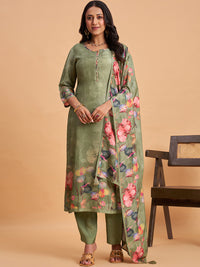 Women's Green Silk Blend Embellished Kurta With Trouser And Dupatta