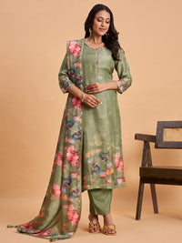 Women's Green Silk Blend Embellished Kurta With Trouser And Dupatta