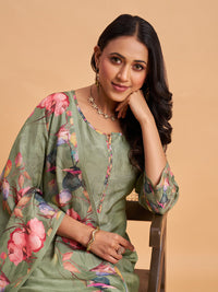 Women's Green Silk Blend Embellished Kurta With Trouser And Dupatta
