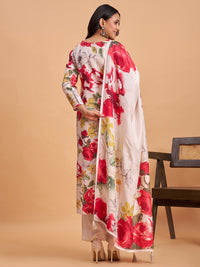 Women's White Silk Blend Embellished Kurta With Trouser And Dupatta
