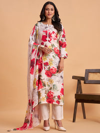 Women's White Silk Blend Embellished Kurta With Trouser And Dupatta