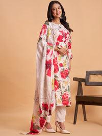 Women's White Silk Blend Embellished Kurta With Trouser And Dupatta