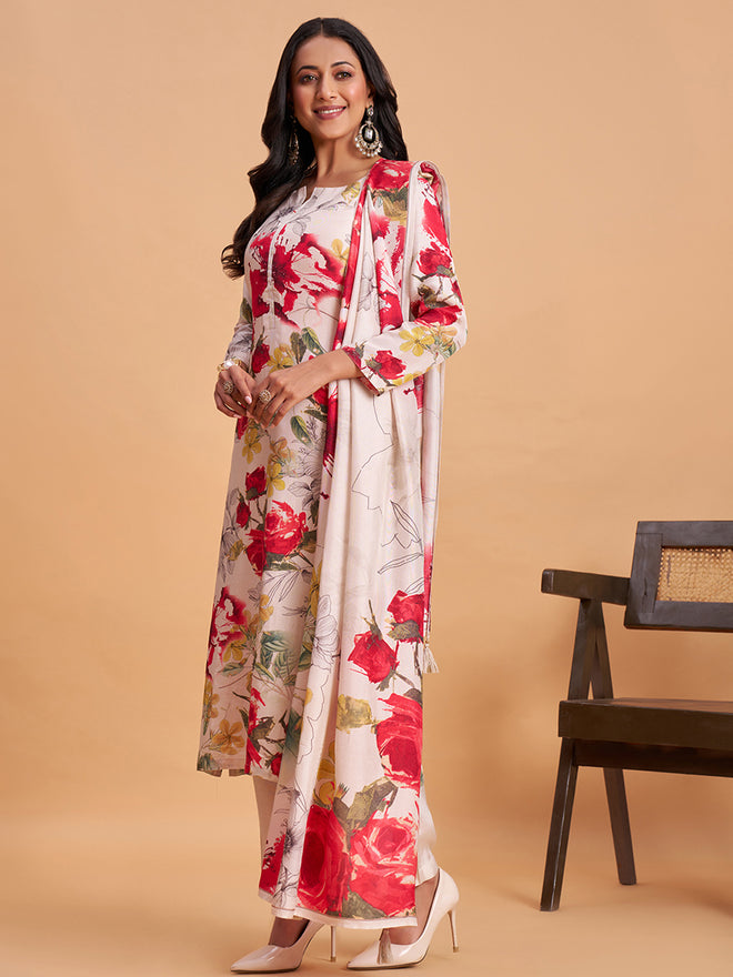 Women's White Silk Blend Embellished Kurta With Trouser And Dupatta