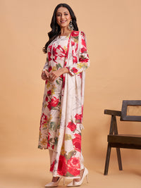 Women's White Silk Blend Embellished Kurta With Trouser And Dupatta