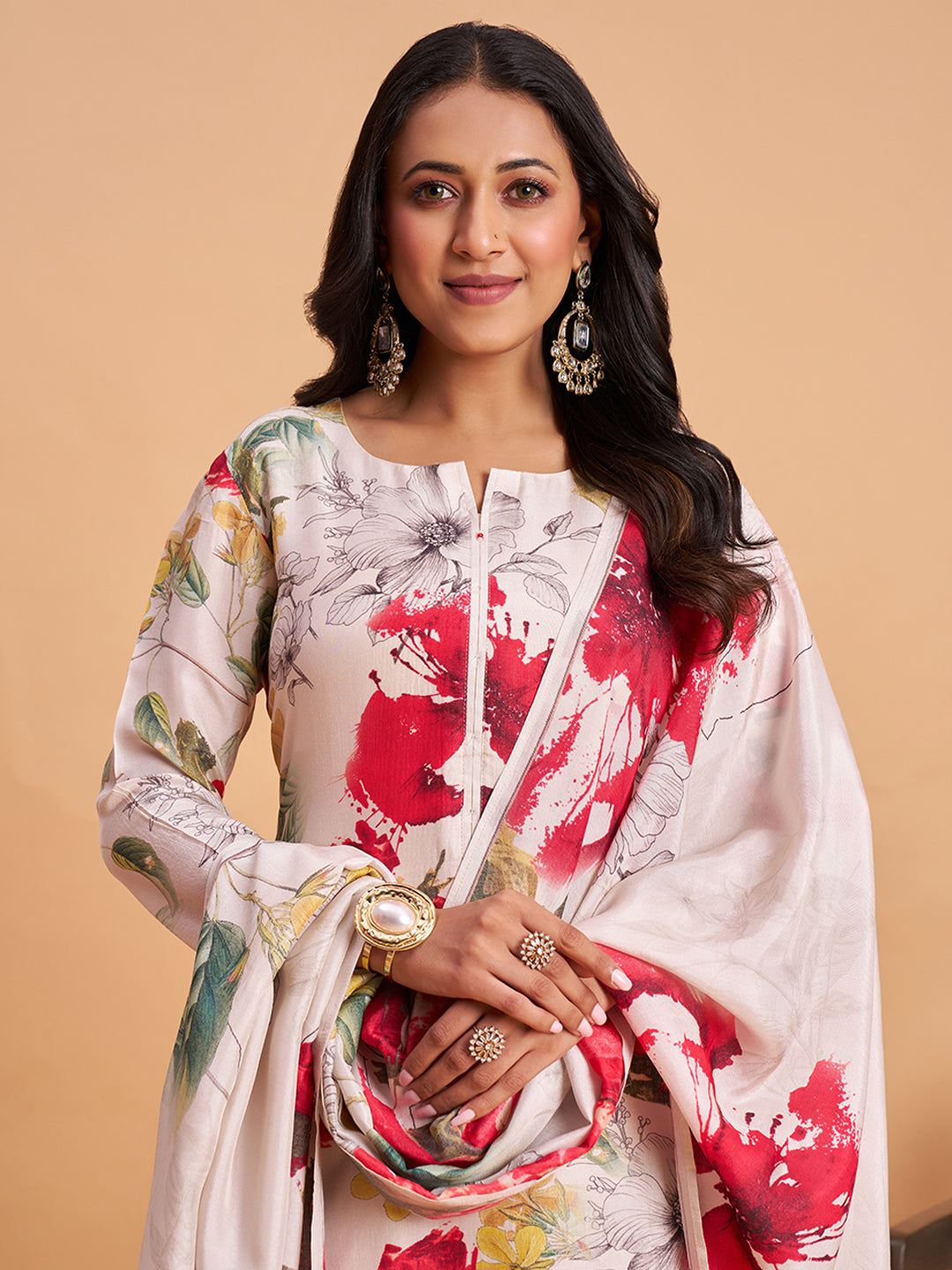 Women's White Silk Blend Embellished Kurta With Trouser And Dupatta