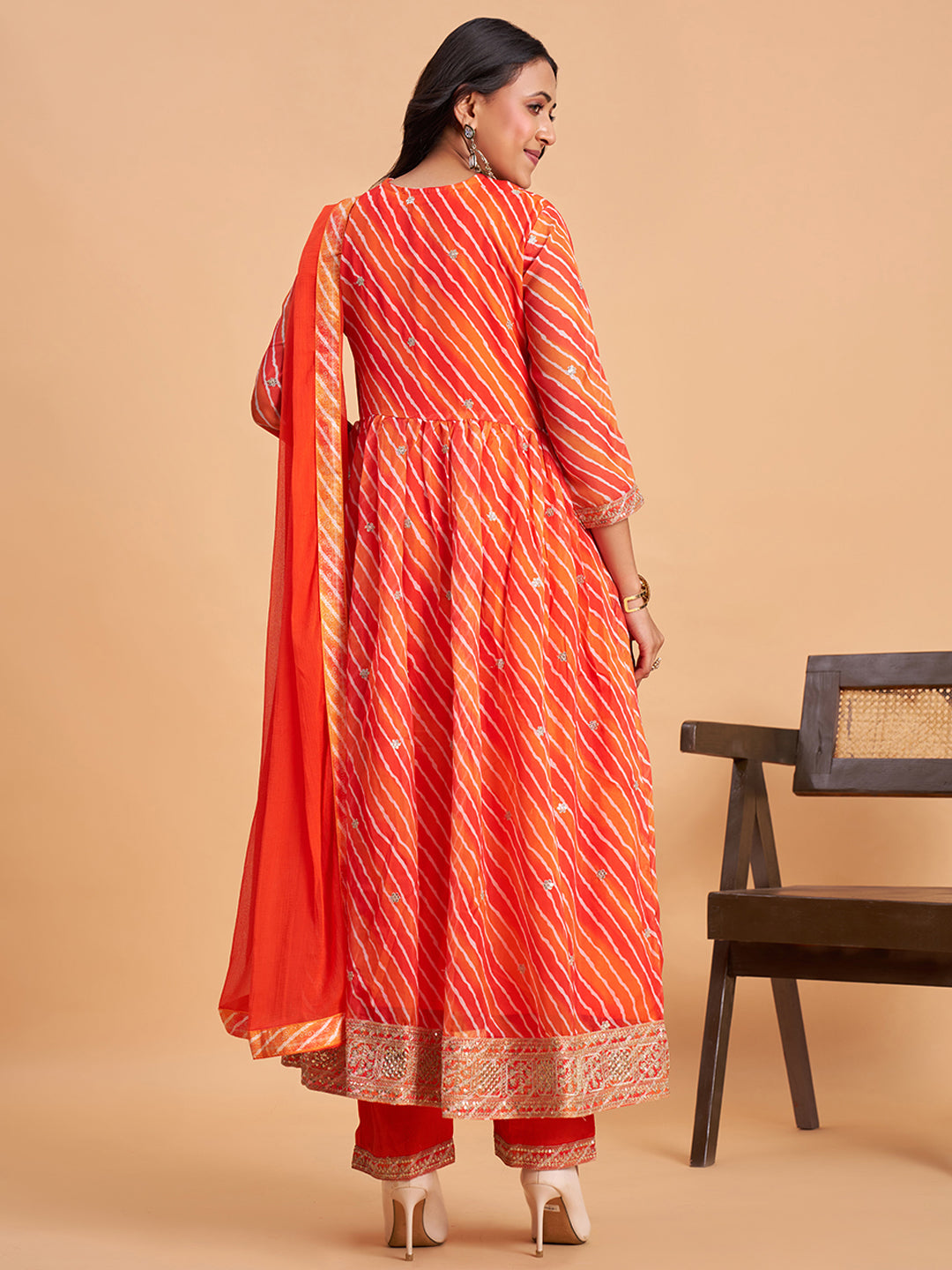 Women's Orange Silk Chiffon Embellished Kurta With Pant And Dupatta