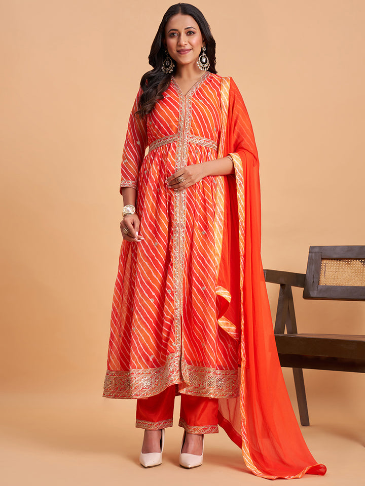 Women's Orange Silk Chiffon Embellished Kurta With Pant And Dupatta
