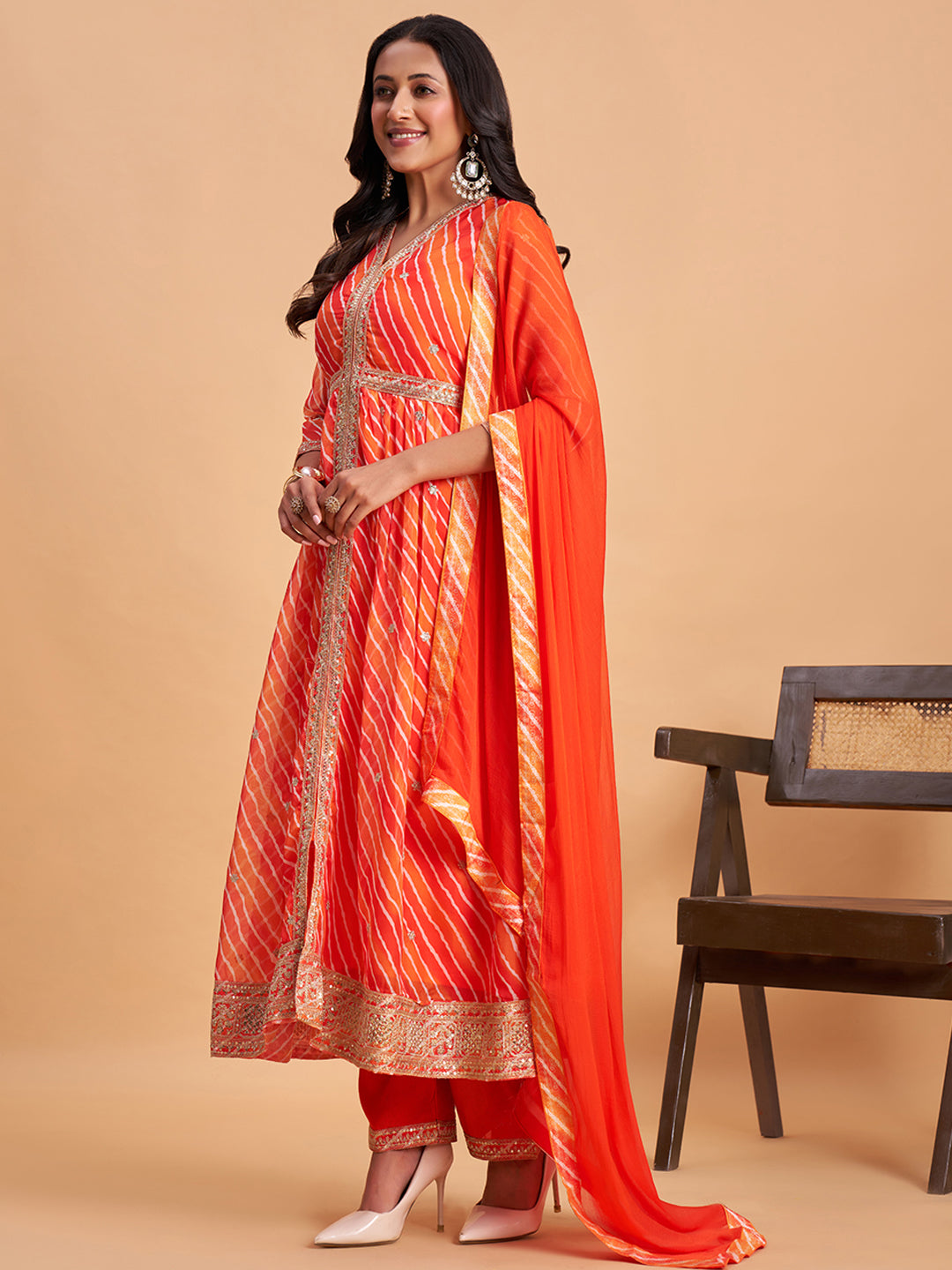 Women's Orange Silk Chiffon Embellished Kurta With Pant And Dupatta