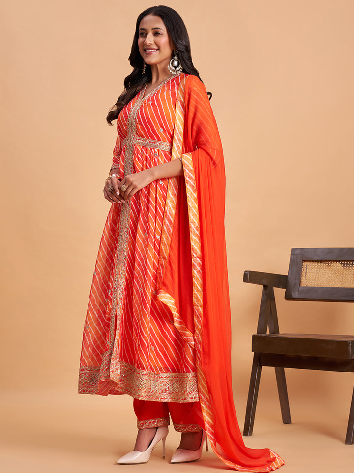 Women's Orange Silk Chiffon Embellished Kurta With Pant And Dupatta
