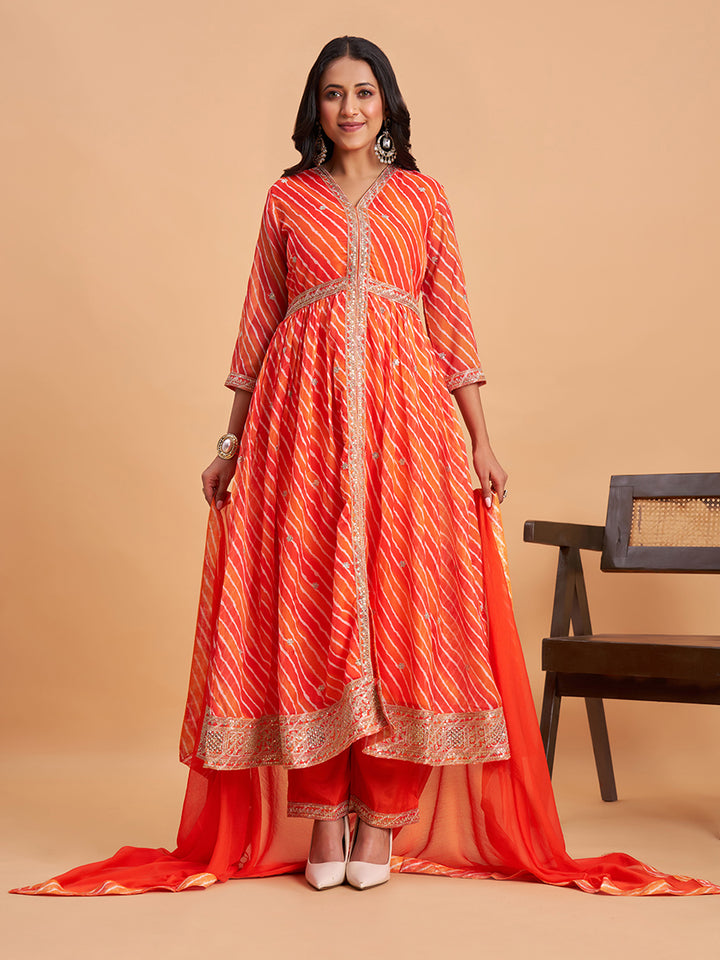 Women's Orange Silk Chiffon Embellished Kurta With Pant And Dupatta
