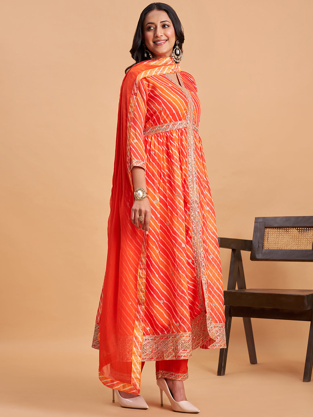 Women's Orange Silk Chiffon Embellished Kurta With Pant And Dupatta