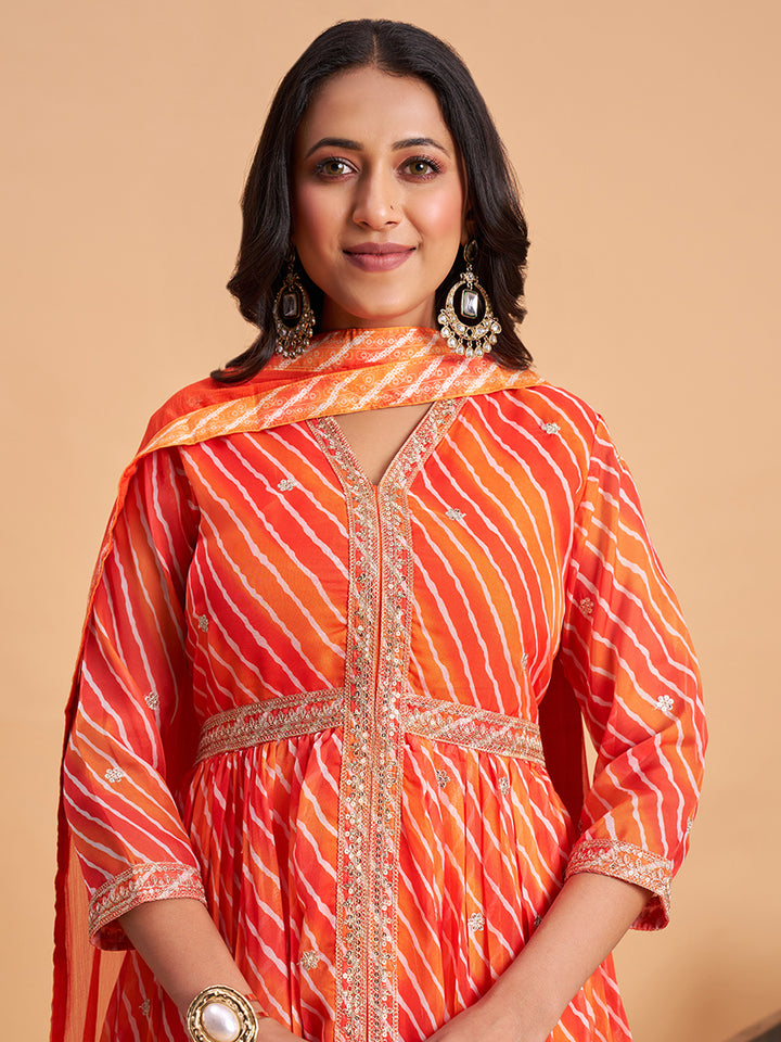 Women's Orange Silk Chiffon Embellished Kurta With Pant And Dupatta