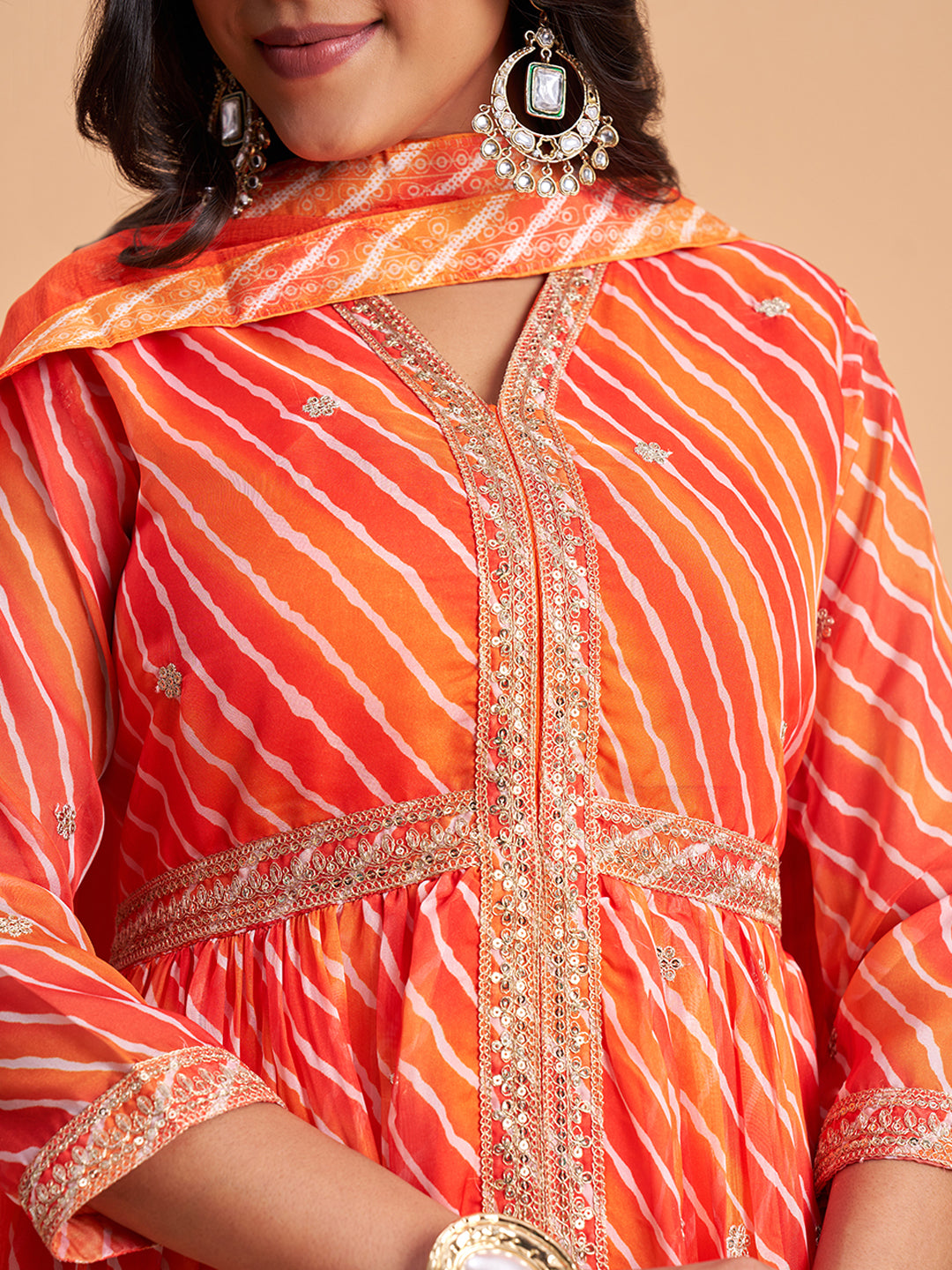 Women's Orange Silk Chiffon Embellished Kurta With Pant And Dupatta
