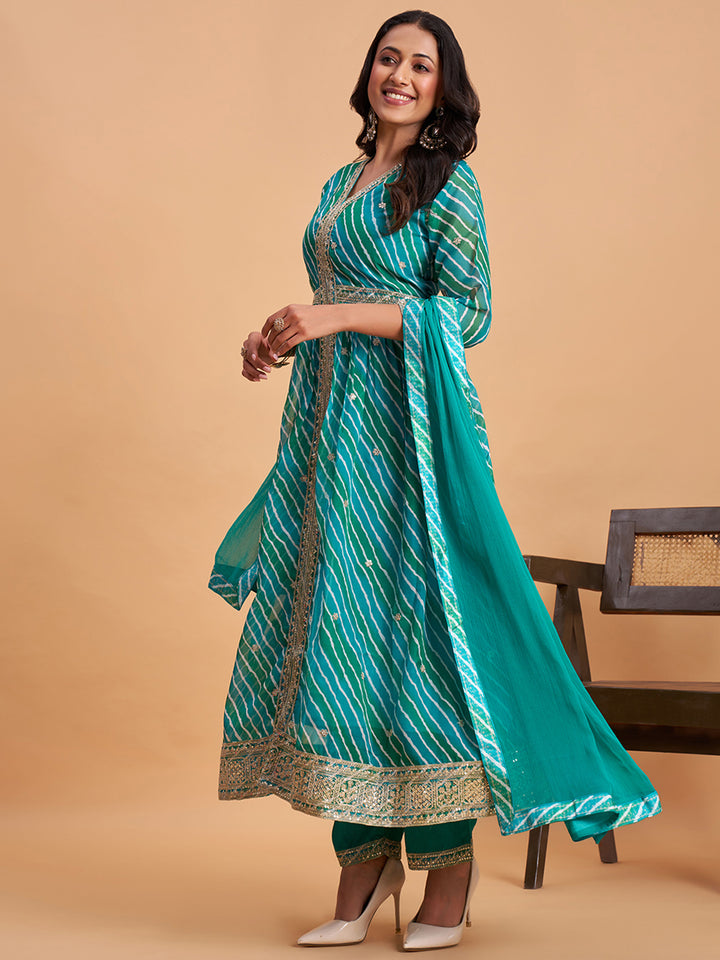 Women's Green Silk Chiffon Embellished Kurta With Pant And Dupatta