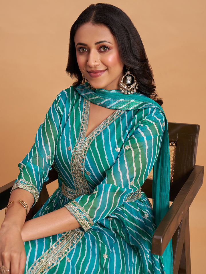 Women's Green Silk Chiffon Embellished Kurta With Pant And Dupatta