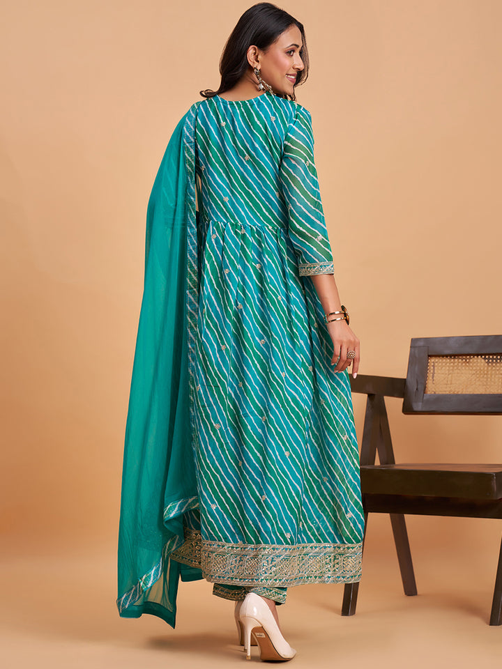 Women's Green Silk Chiffon Embellished Kurta With Pant And Dupatta