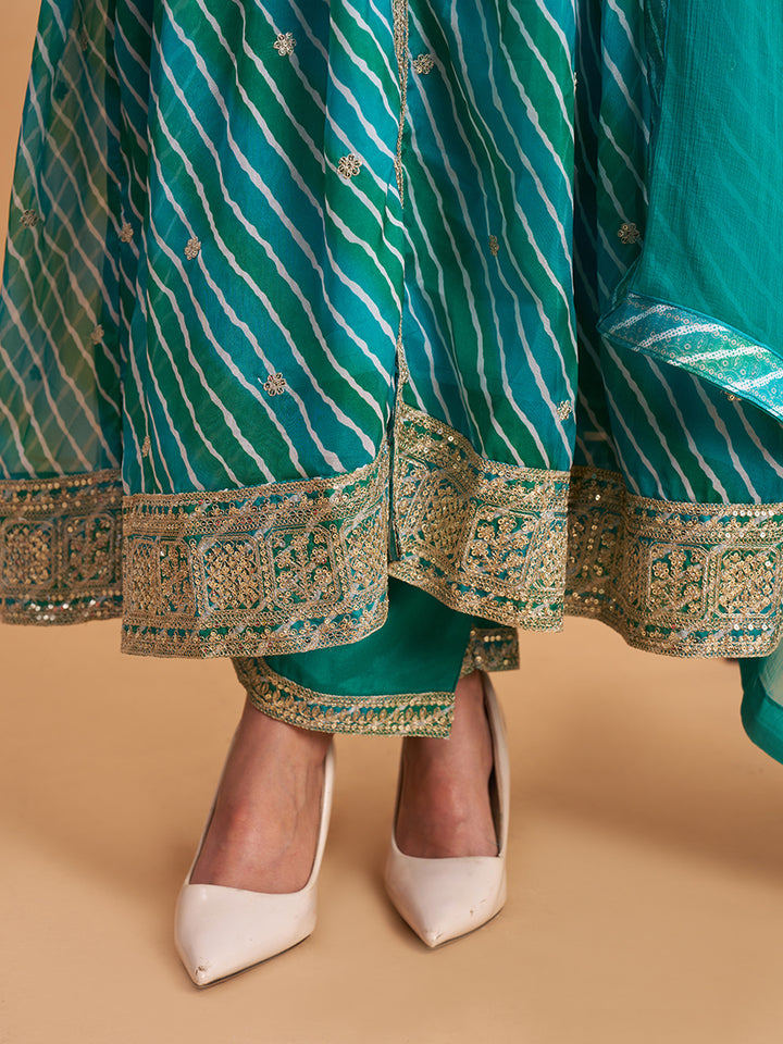 Women's Green Silk Chiffon Embellished Kurta With Pant And Dupatta