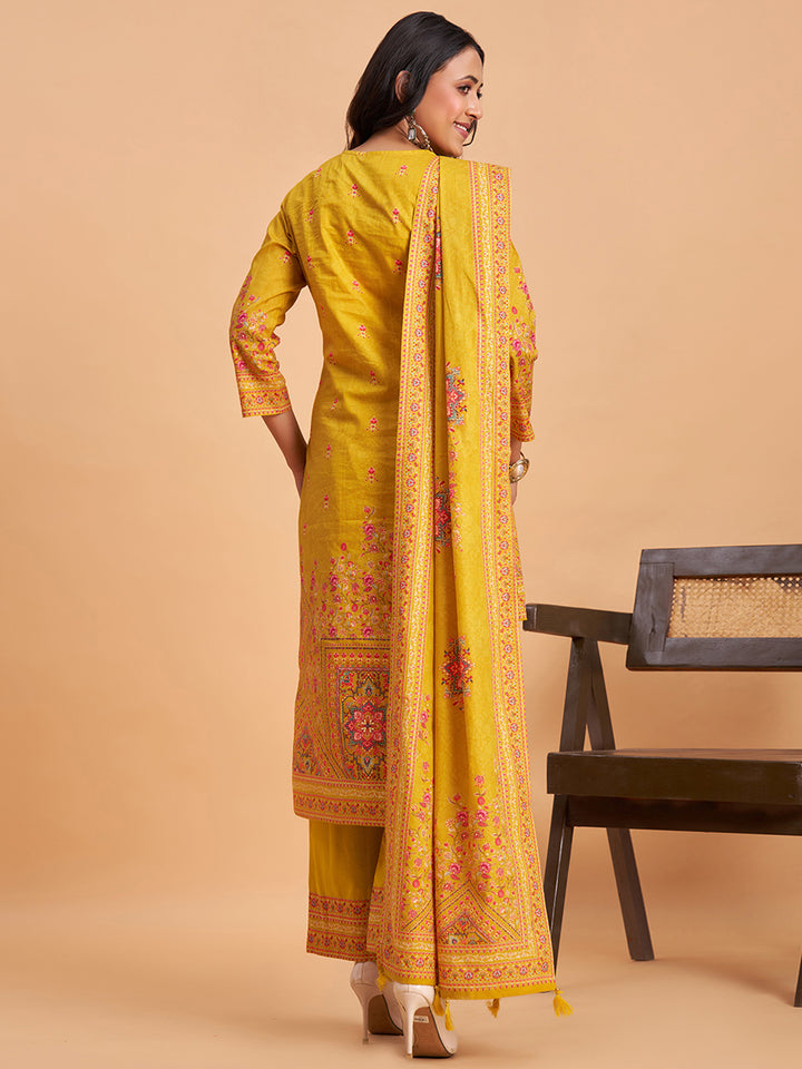 Women's Mustard Cotton Embroidered Kurta With Trousers And Dupatta Set