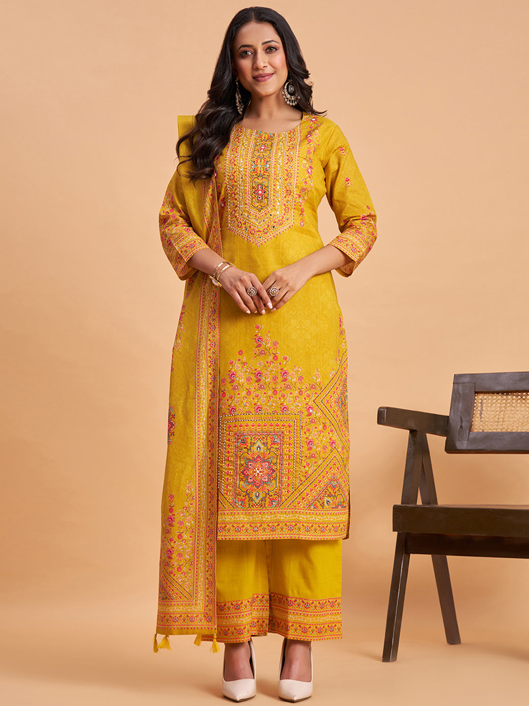 Women's Mustard Cotton Embroidered Kurta With Trousers And Dupatta Set