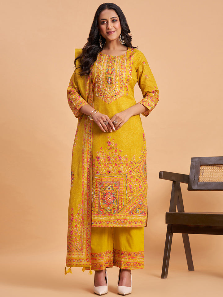 Women's Mustard Cotton Embroidered Kurta With Trousers And Dupatta Set