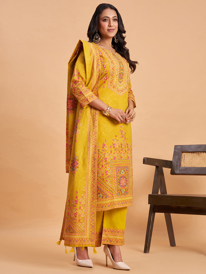 Women's Mustard Cotton Embroidered Kurta With Trousers And Dupatta Set