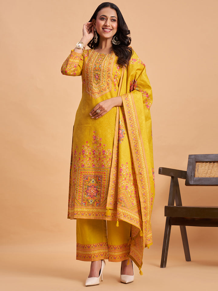 Women's Mustard Cotton Embroidered Kurta With Trousers And Dupatta Set