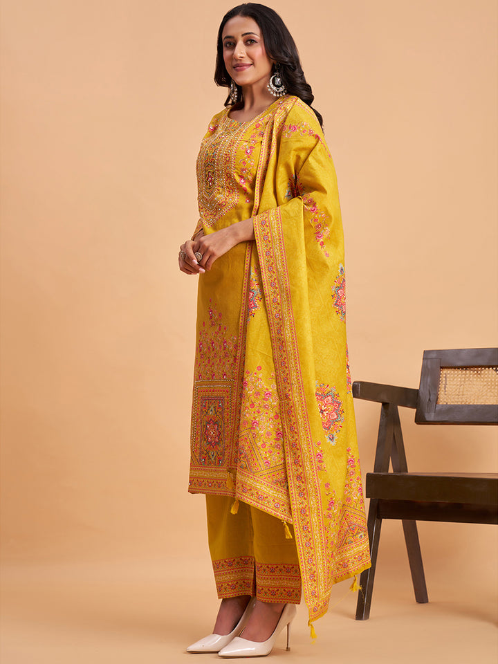 Women's Mustard Cotton Embroidered Kurta With Trousers And Dupatta Set