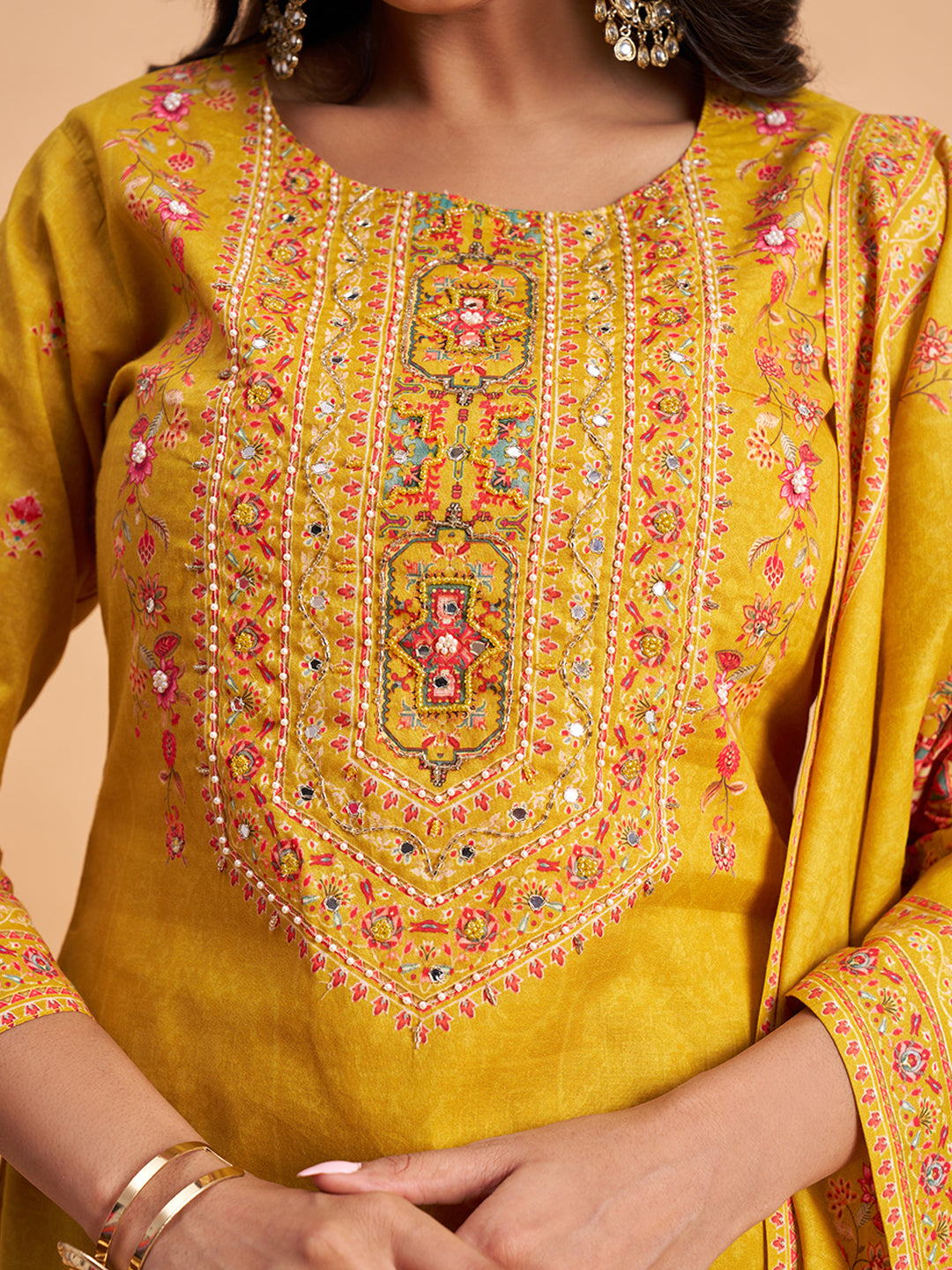 Women's Mustard Cotton Embroidered Kurta With Trousers And Dupatta Set