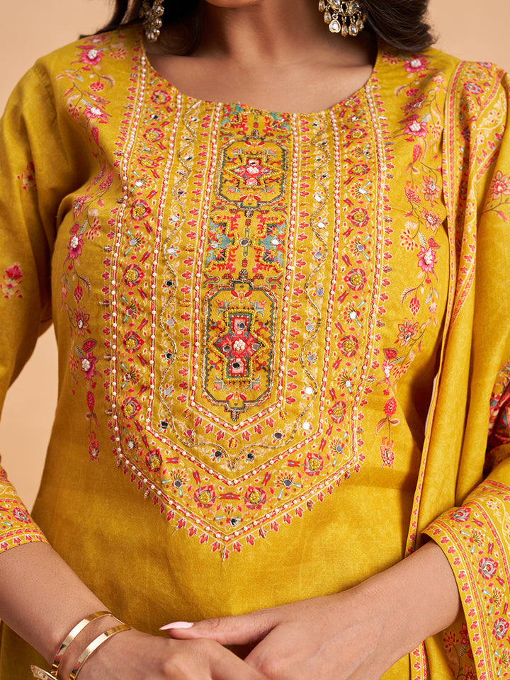 Women's Mustard Cotton Embroidered Kurta With Trousers And Dupatta Set