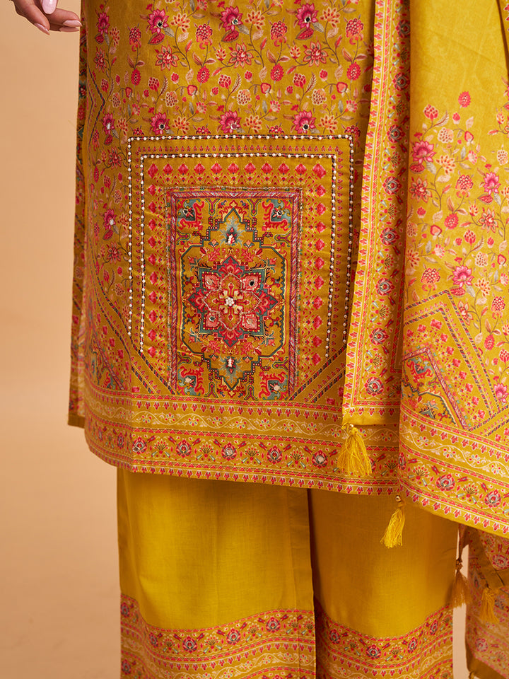 Women's Mustard Cotton Embroidered Kurta With Trousers And Dupatta Set