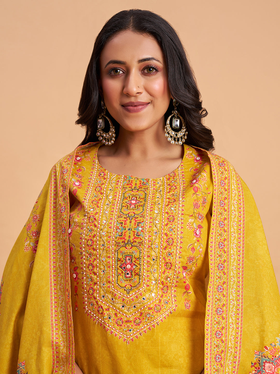 Women's Mustard Cotton Embroidered Kurta With Trousers And Dupatta Set