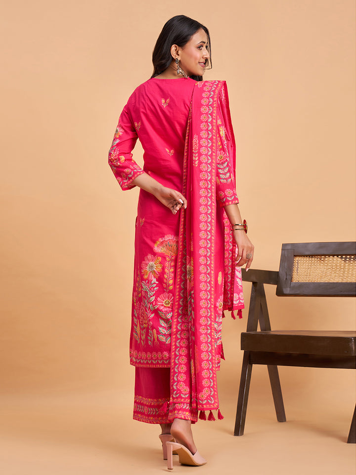 Women's Pink Cotton Embroidered Kurta With Trousers And Dupatta Set