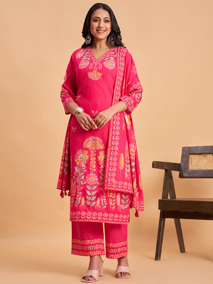 Women's Pink Cotton Embroidered Kurta With Trousers And Dupatta Set
