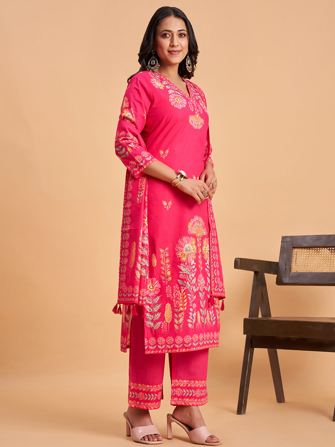 Women's Pink Cotton Embroidered Kurta With Trousers And Dupatta Set