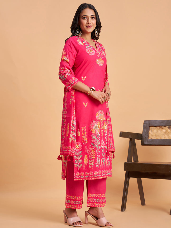 Women's Pink Cotton Embroidered Kurta With Trousers And Dupatta Set