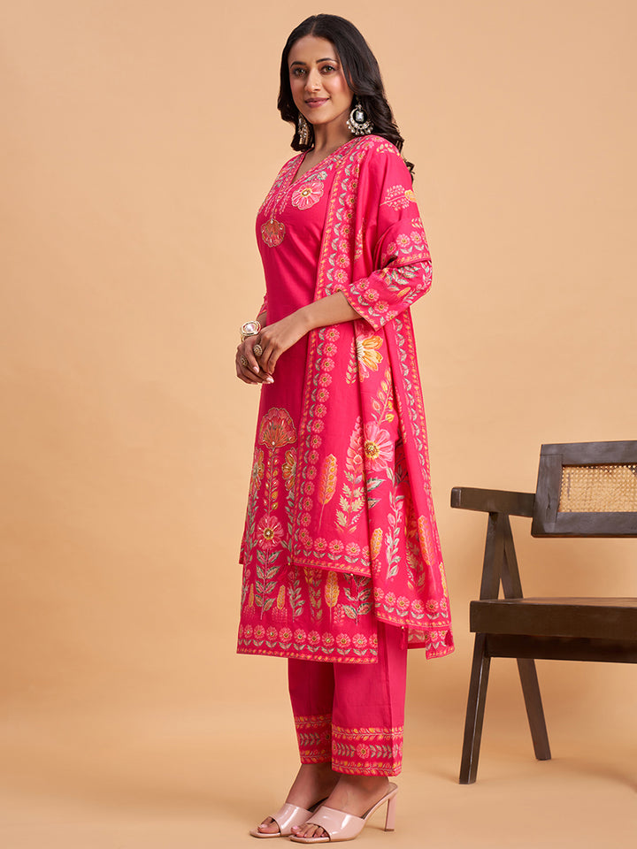 Women's Pink Cotton Embroidered Kurta With Trousers And Dupatta Set