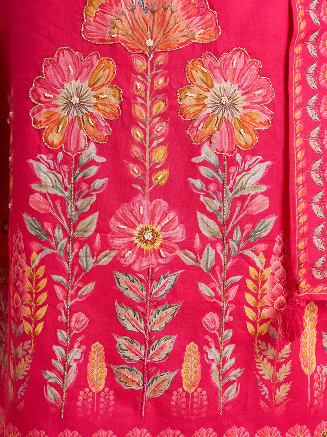 Women's Pink Cotton Embroidered Kurta With Trousers And Dupatta Set